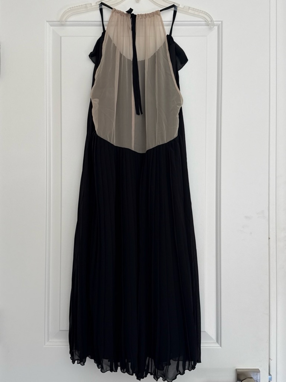 McGinn Black and Beige Pleated Dress with Sheer Back